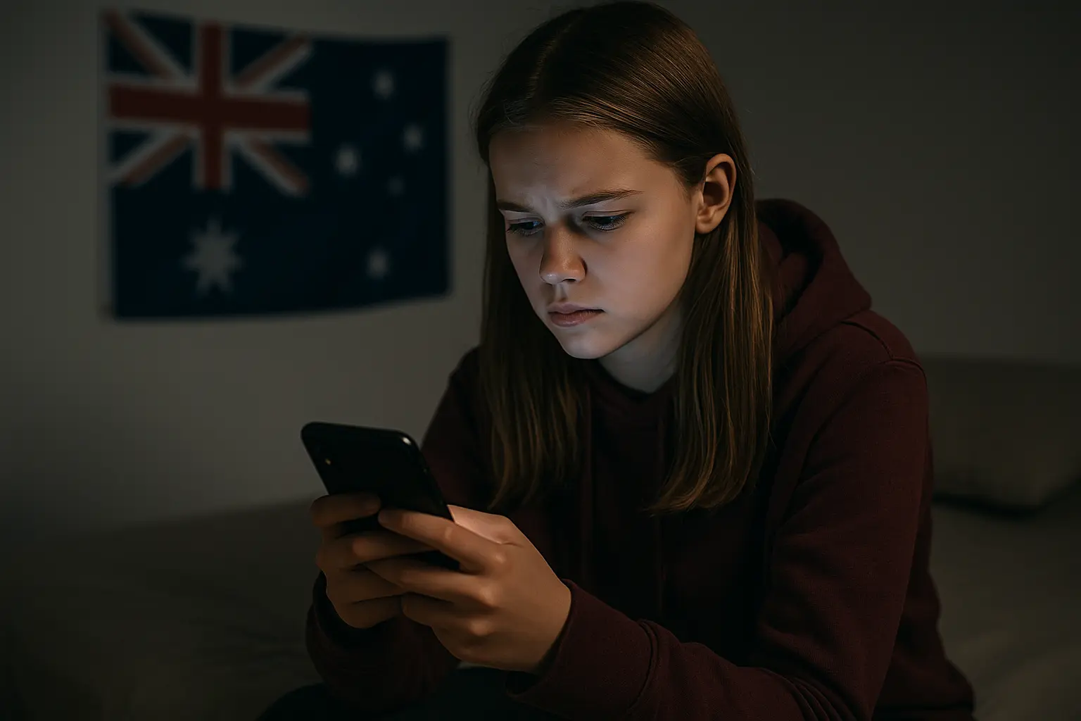 Adolescente preoccupata mentre guarda lo smartphone, con bandiera australiana sullo sfondo – tema del divieto social ai minori di 16 anni in Australia