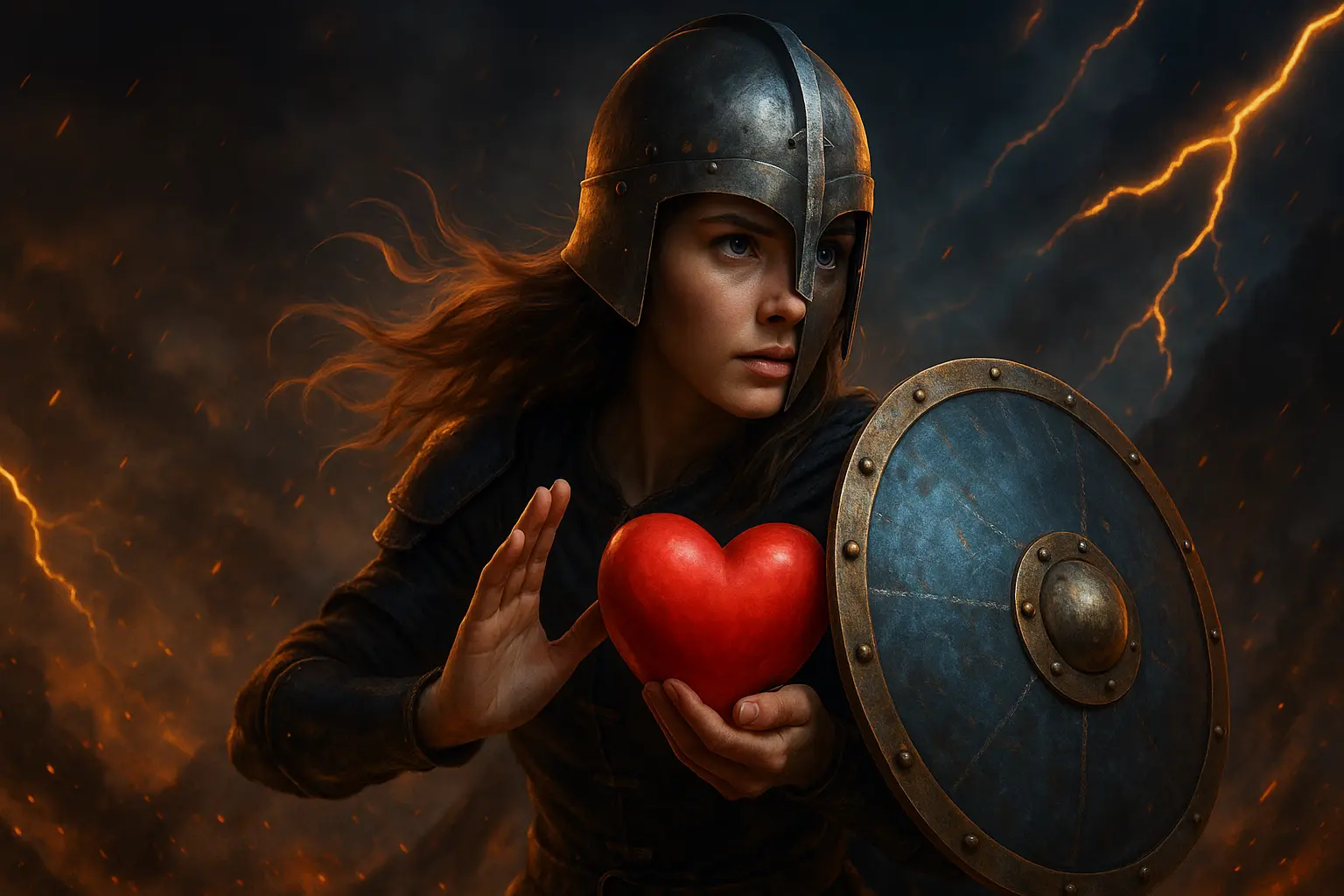 Donna con metà elmo che tiene un cuore rosso e uno scudo, simbolo della protezione dell’empatia e della gentilezza in un mondo competitivo.