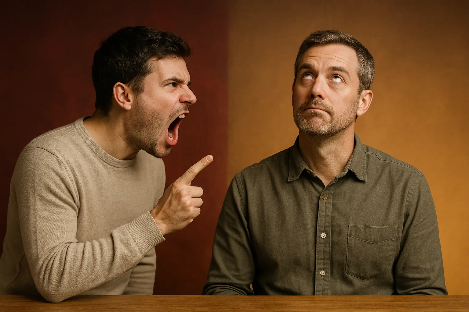 Due persone discutono: una urla con rabbia, l’altra resta calma e alza gli occhi al cielo. Toni caldi e freddi si contrappongono, simbolo della lucidità contro la confusione nell’epoca degli imbecilli.