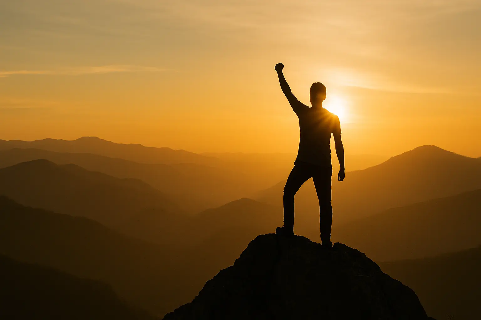 Silhouette di una persona che raggiunge la cima di una montagna al tramonto, simbolo della crescita personale e dell’essere allenabili.