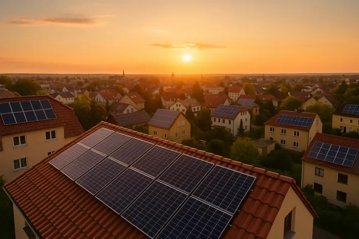 Vista aerea di una città al tramonto con pannelli fotovoltaici sui tetti delle case, simbolo del Reddito Energetico Nazionale e della transizione verso l’energia pulita.