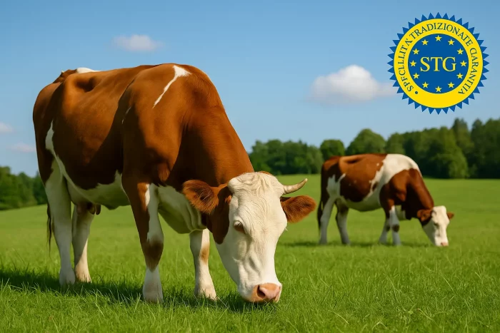 Mucche al pascolo su prato verde con il logo STG in evidenza, simbolo della certificazione Latte Fieno e del metodo di produzione naturale.