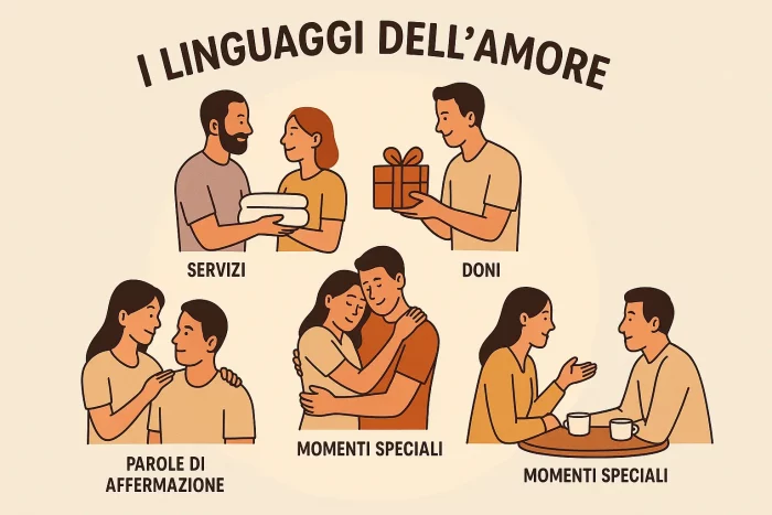 Illustrazione dei cinque linguaggi dell’amore rappresentati da cinque persone disposte in cerchio, ciascuna con un gesto simbolico del proprio linguaggio.