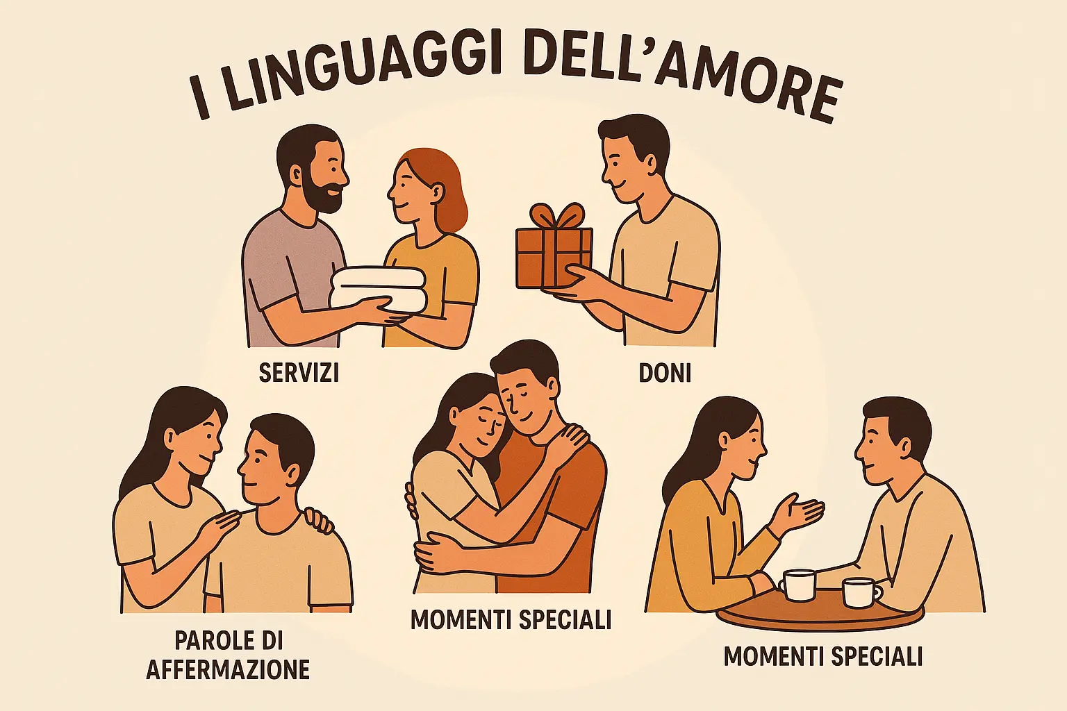 Illustrazione dei cinque linguaggi dell’amore rappresentati da cinque persone disposte in cerchio, ciascuna con un gesto simbolico del proprio linguaggio.