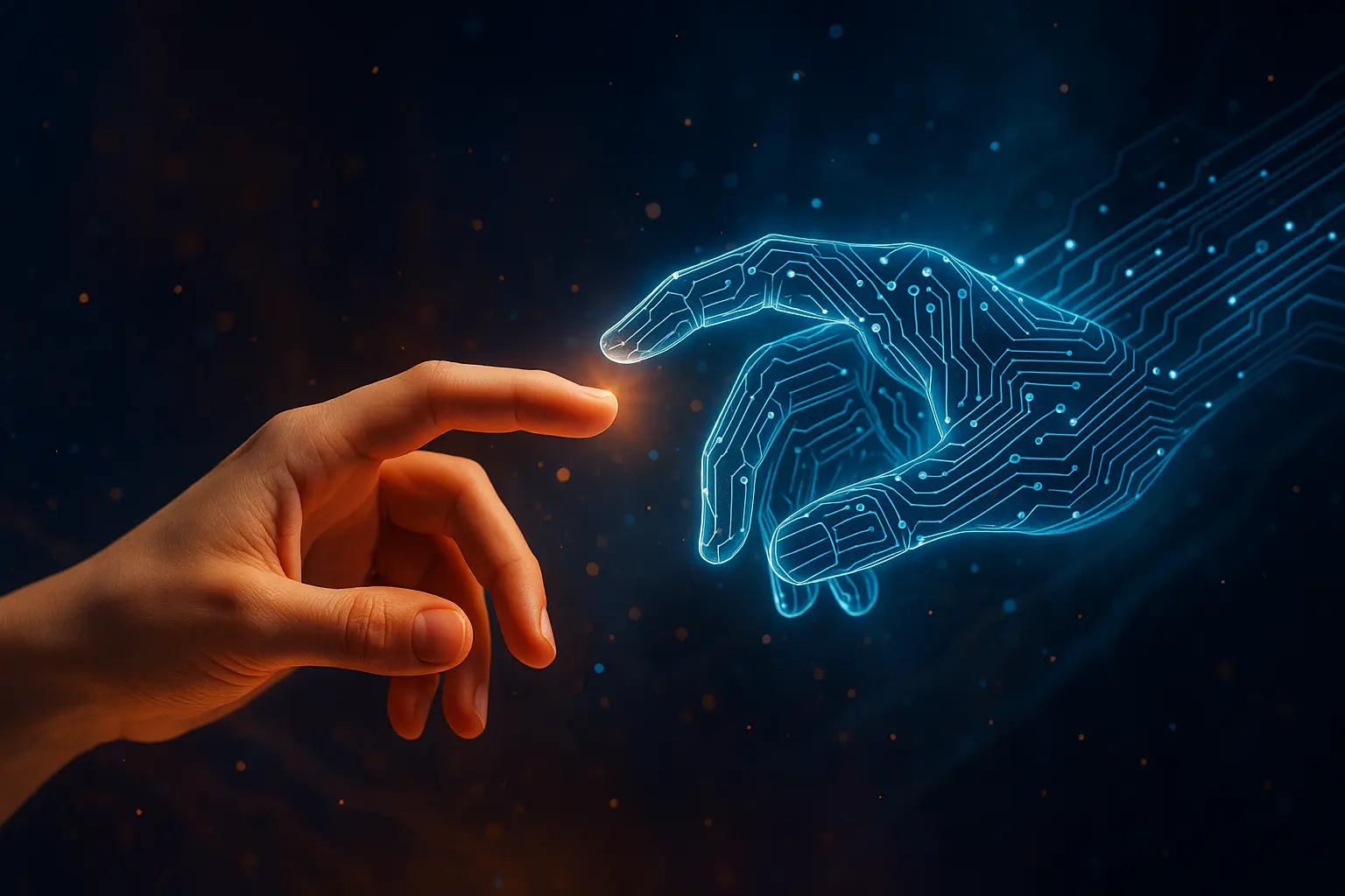 Una mano umana e una mano digitale si sfiorano, simbolo del rapporto tra libertà e tecnologia nell’era digitale.