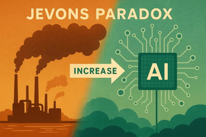 Illustrazione che mostra il passaggio dall’inquinamento industriale all’uso crescente dell’IA, simbolo del Paradosso di Jevons e dell’effetto rebound tecnologico.