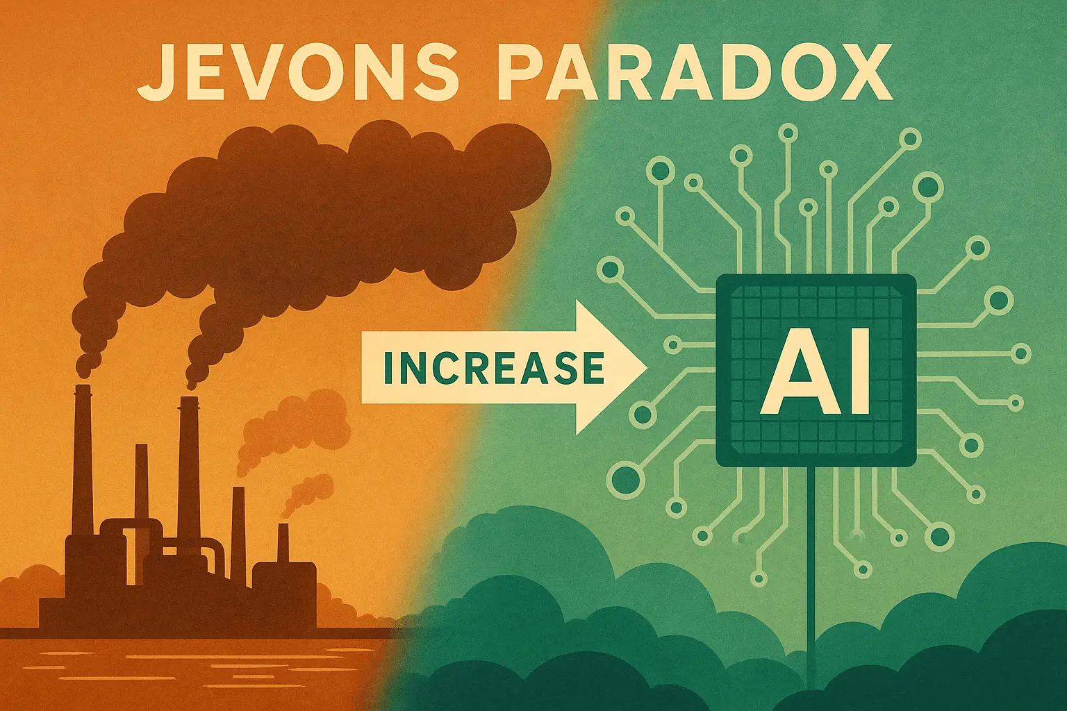 Illustrazione che mostra il passaggio dall’inquinamento industriale all’uso crescente dell’IA, simbolo del Paradosso di Jevons e dell’effetto rebound tecnologico.