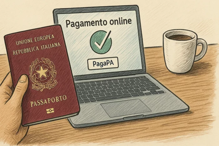 Disegno di un passaporto italiano bordeaux accanto a un laptop con schermata di pagamento online e una tazza di caffè su un tavolo chiaro.
