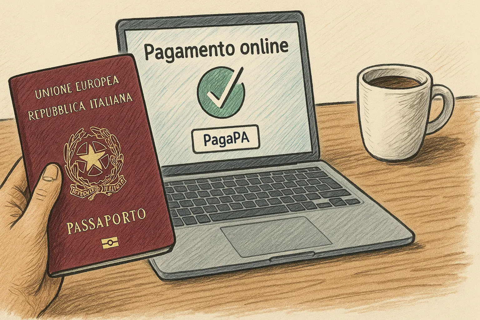 Disegno di un passaporto italiano bordeaux accanto a un laptop con schermata di pagamento online e una tazza di caffè su un tavolo chiaro.