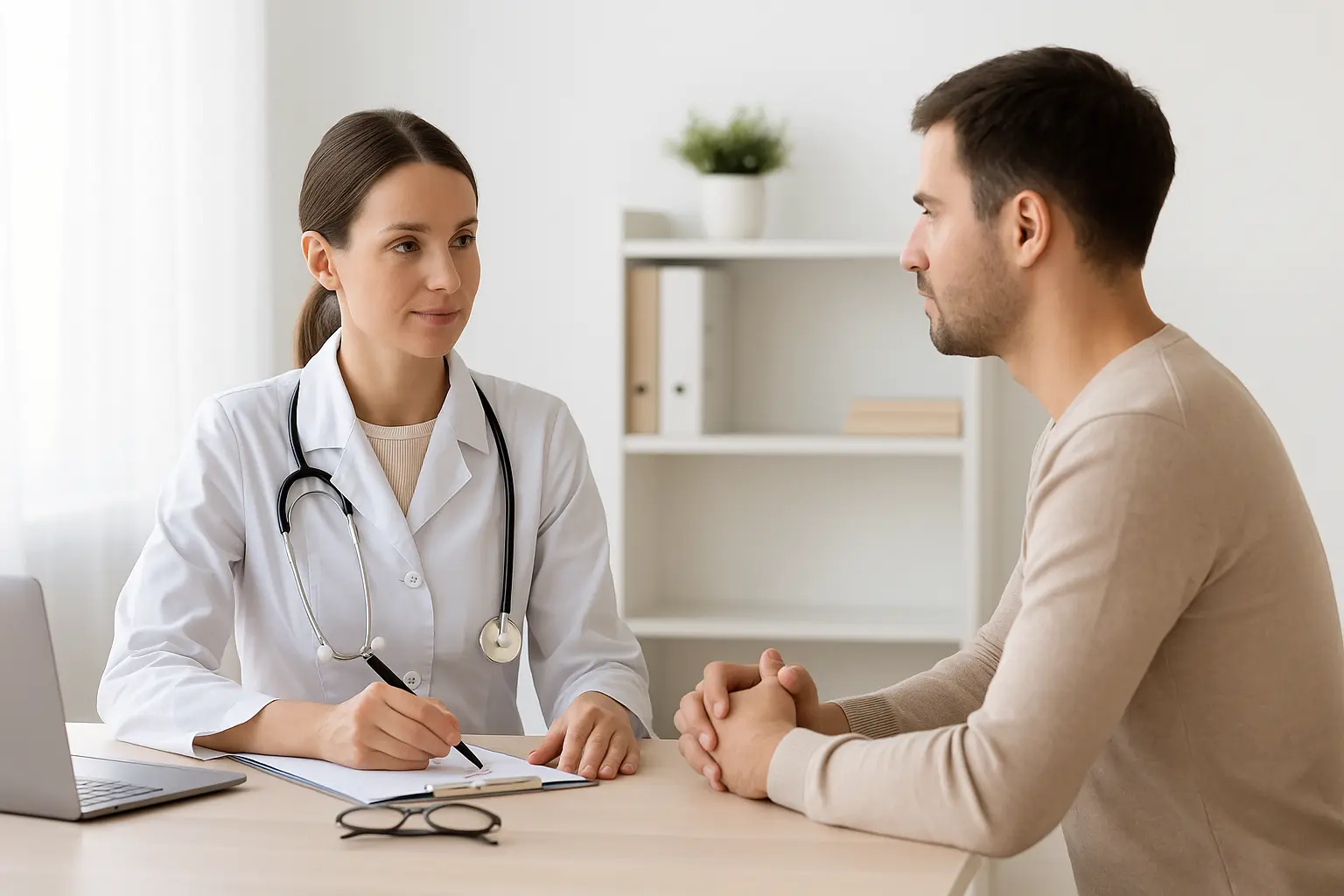 Medico e giovane paziente durante una visita in un ambiente luminoso, simbolo di prevenzione e cura della salute.