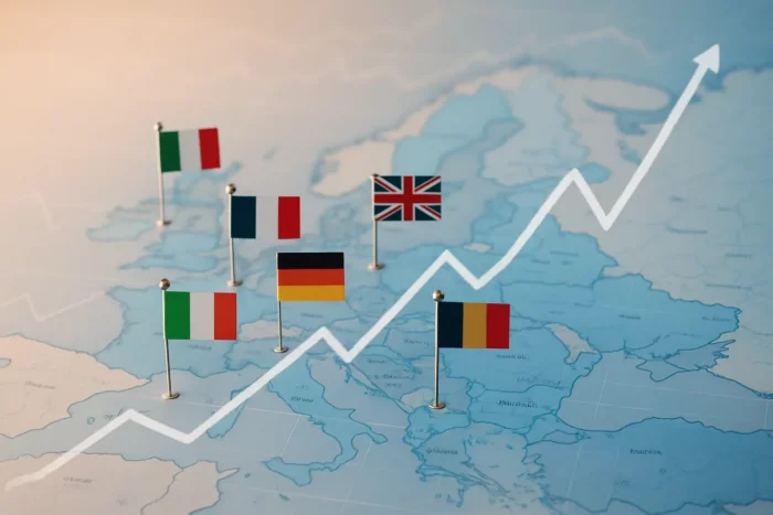 Mappa dell’Europa con bandiere e linea di un grafico in salita a indicare l’andamento del reddito pro capite nei Paesi europei.