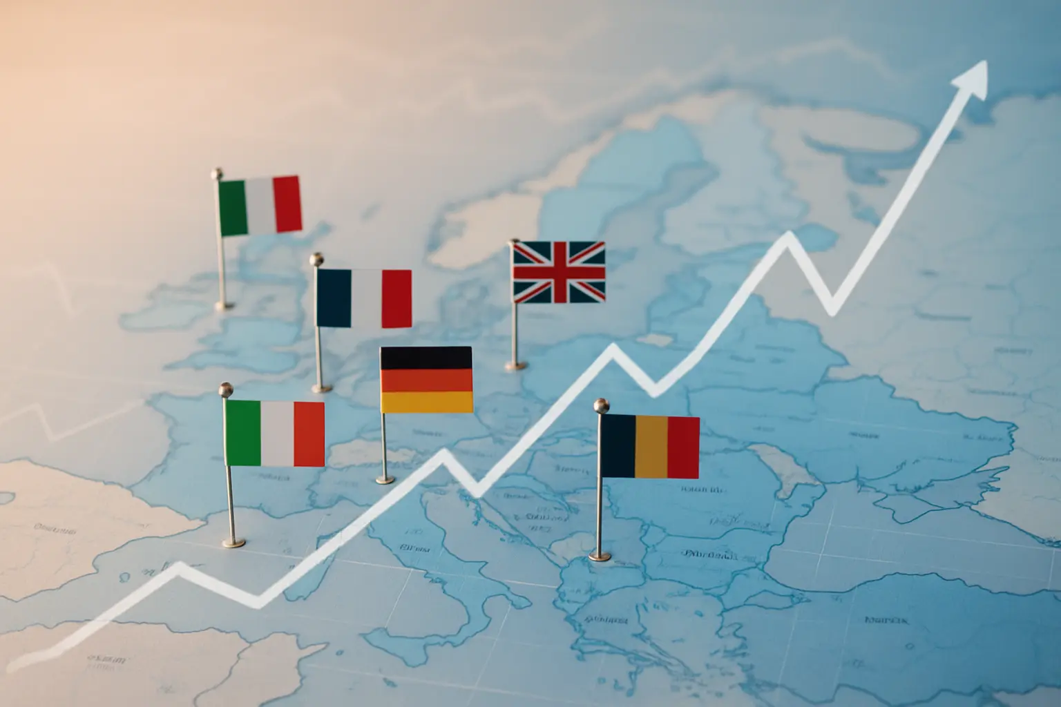 Mappa dell’Europa con bandiere e linea di un grafico in salita a indicare l’andamento del reddito pro capite nei Paesi europei.