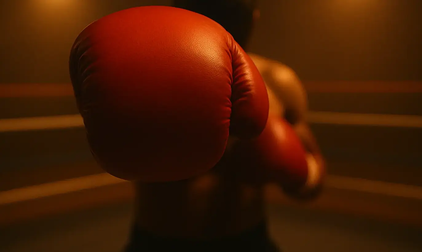 Guantone da boxe rosso in primo piano che copre il pugile, simbolo della forza interiore e della resilienza.