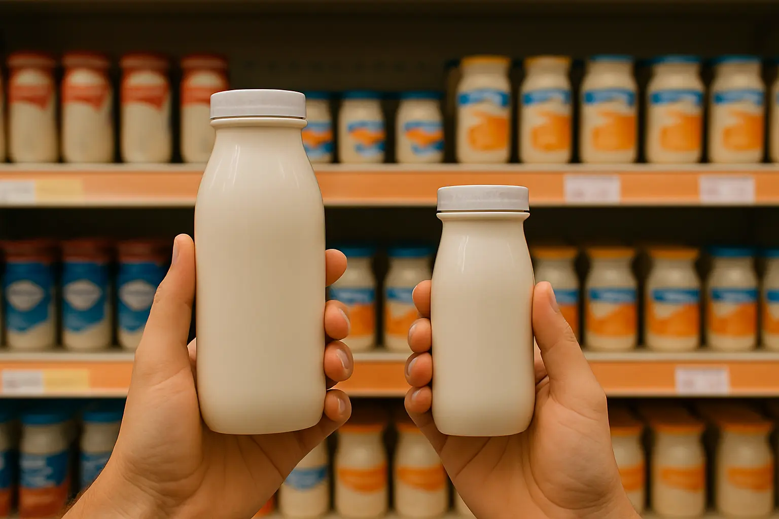 Due bottigliette di yogurt, una più grande e una più piccola, confrontate a mano davanti agli scaffali di un supermercato per mostrare la shrinkflation.