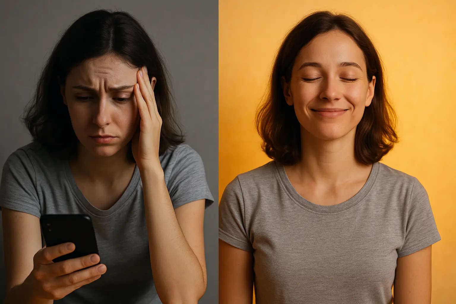 Donna che appare stanca con smartphone in mano su sfondo grigio e la stessa donna rilassata senza telefono su sfondo giallo arancio: contrasto tra affaticamento digitale e serenità.