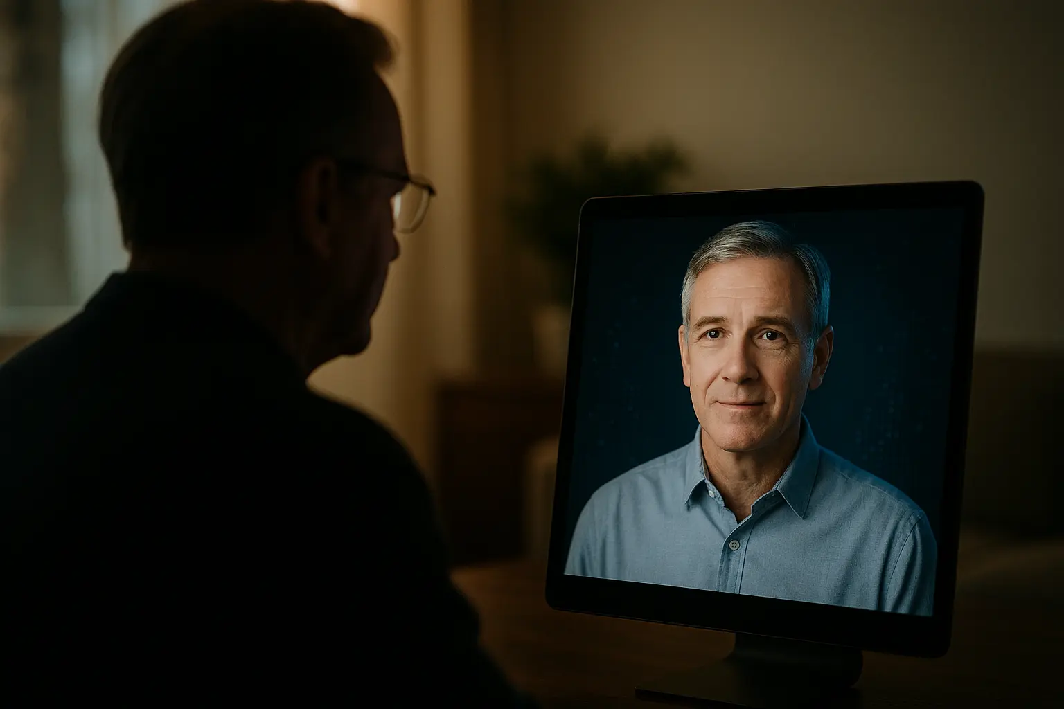 Uomo che osserva il volto digitale di un caro defunto su uno schermo, rappresentazione fotografica dell’uso dell’intelligenza artificiale per creare avatar dei defunti.