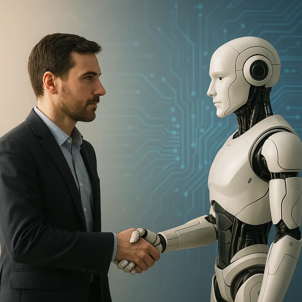 Un uomo e un robot umanoide si stringono la mano davanti a uno sfondo digitale, simbolo della collaborazione tra intelligenza artificiale e lavoro umano.