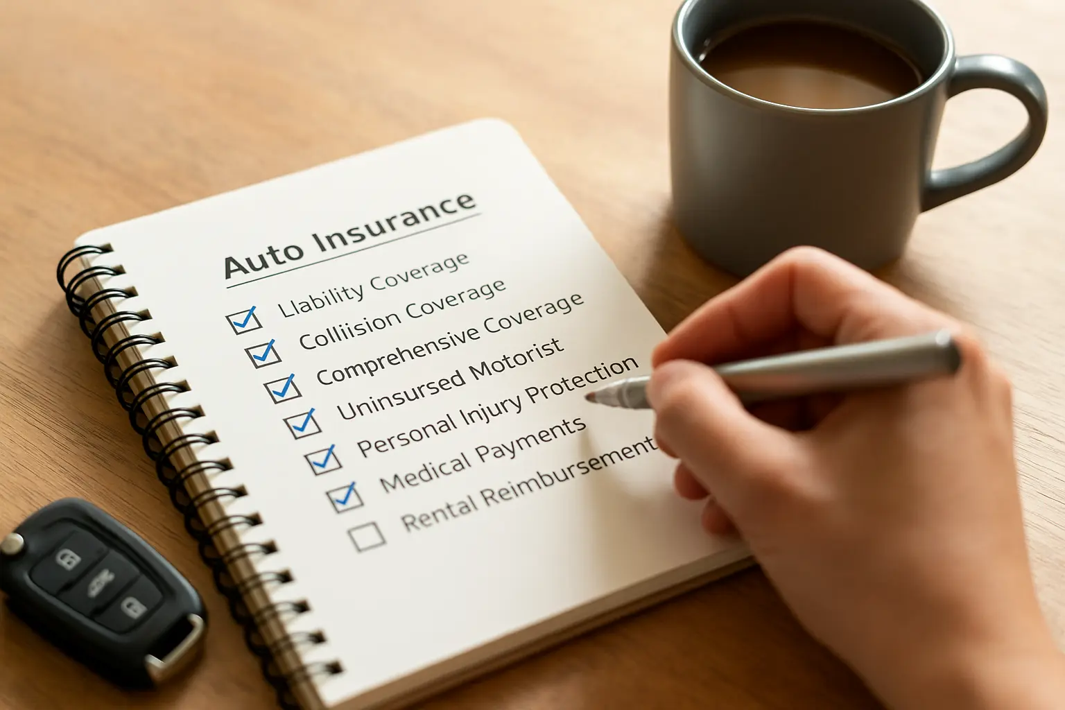 Una mano spunta su un taccuino le principali voci dell’assicurazione auto accanto a una tazza di caffè e a un mazzo di chiavi, simbolo di scelta consapevole e pianificazione.