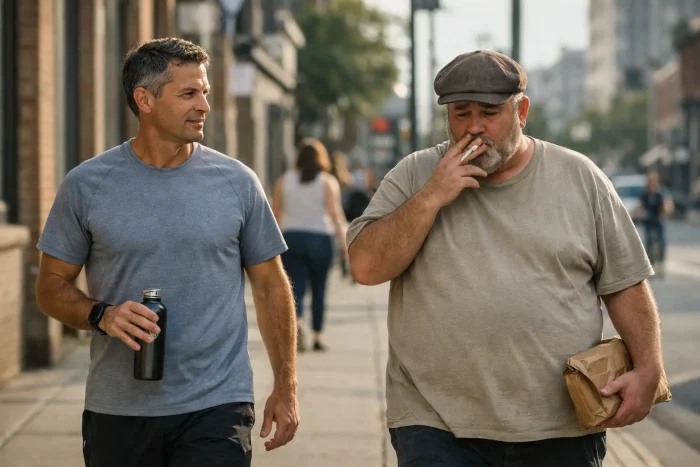 Due uomini della stessa età camminano insieme mostrando come abitudini diverse influenzano il modo di invecchiare