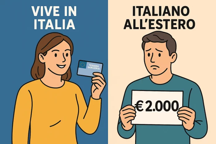 Confronto tra una persona residente in Italia che accede gratuitamente alla sanità con la tessera sanitaria e una persona italiana residente all’estero che deve pagare il contributo di 2.000 euro.