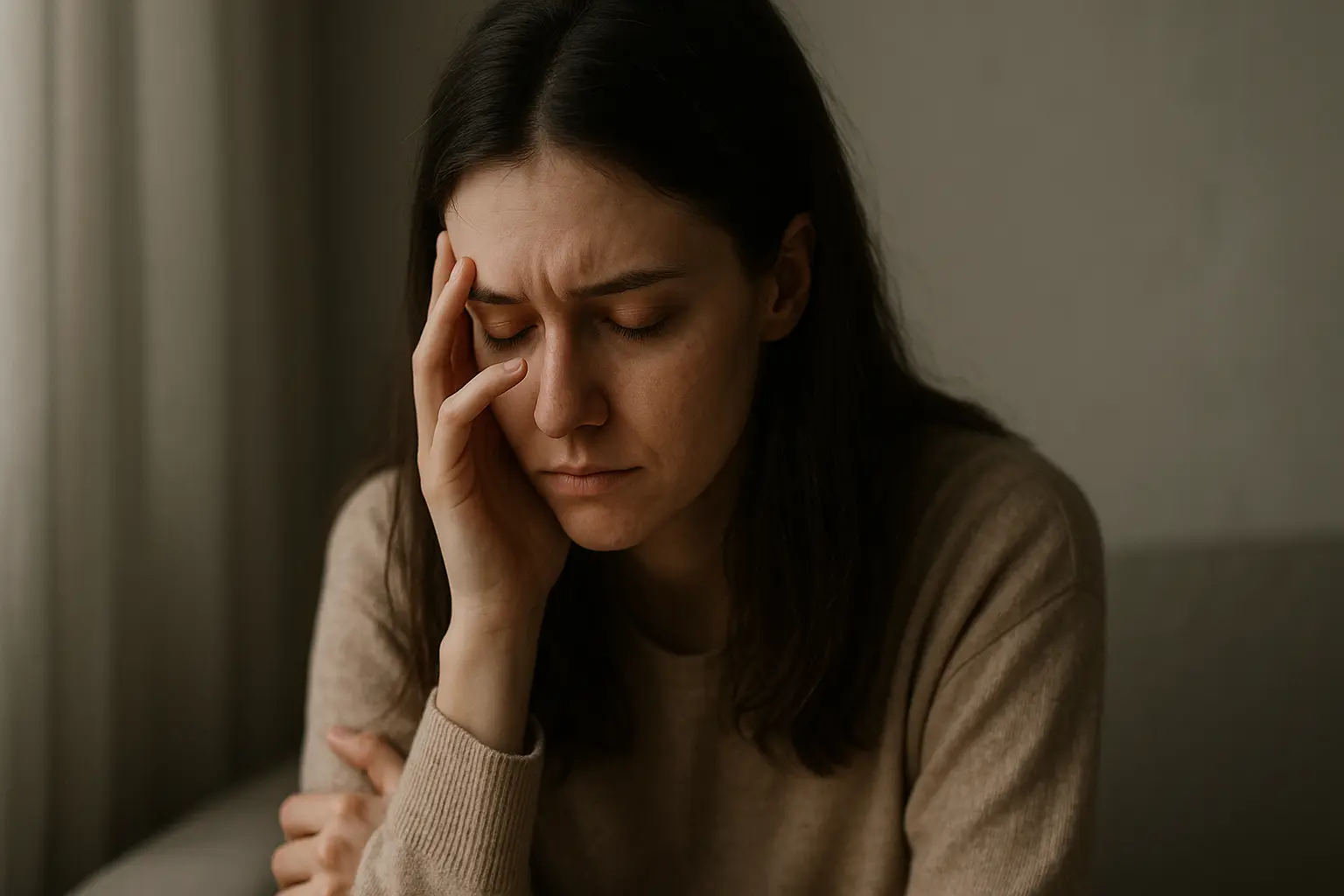 Persona con espressione affaticata e postura chiusa, rappresentazione visiva dell’apatia emotiva e dell’appiattimento emotivo