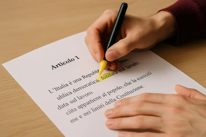 Mani che evidenziano con un evidenziatore giallo la parola “fondata” nel testo stampato dell’Articolo 1 della Costituzione italiana.