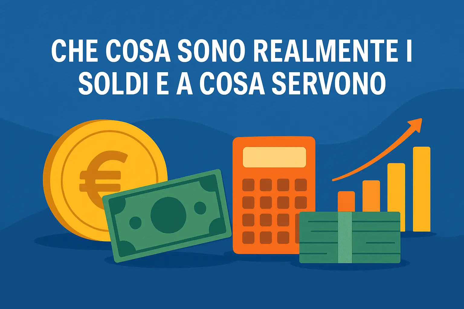 Illustrazione con moneta, banconote, calcolatrice e grafico di crescita su sfondo blu, simbolo del funzionamento e del valore dei soldi.