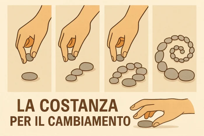 Sequenza fotografica in quattro fasi che mostra una mano mentre aggiunge progressivamente sassolini per simboleggiare i piccoli passi necessari a cambiare un’abitudine.