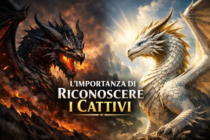 Illustrazione di un drago cattivo e spaventoso contrapposto a un drago buono, luminoso e fiero, a simboleggiare il bene e il male