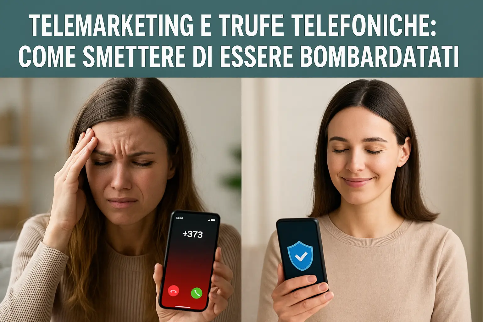 Persona frustrata dal telefono che squilla con numeri esteri e persona serena grazie ai filtri anti-spam attivi sullo smartphone.
