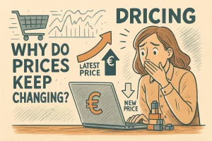 Illustrazione di una persona che osserva un cartello di dynamic pricing con prezzi variabili, simbolo dei cambiamenti continui nei costi quotidiani.