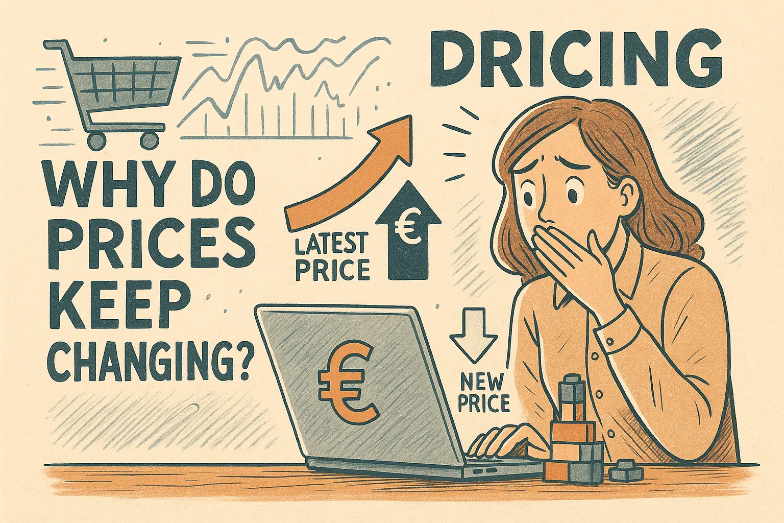Illustrazione di una persona che osserva un cartello di dynamic pricing con prezzi variabili, simbolo dei cambiamenti continui nei costi quotidiani.