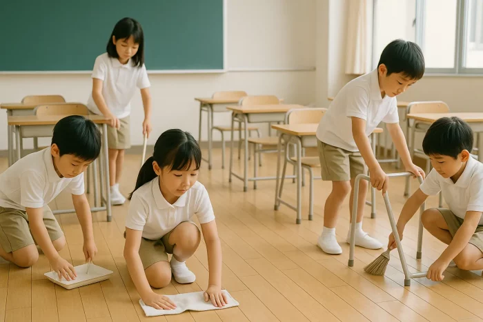 Bambini giapponesi che collaborano nella pulizia della classe, esempio di responsabilità condivisa ispirata al gaman.