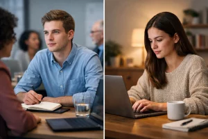 Giovane lavoratore in ufficio durante un meeting e giovane lavoratrice concentrata al computer in smart working da casa
