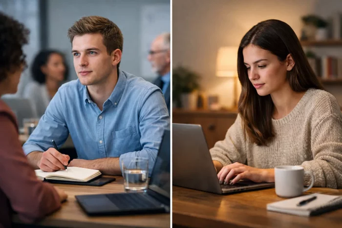 Giovane lavoratore in ufficio durante un meeting e giovane lavoratrice concentrata al computer in smart working da casa