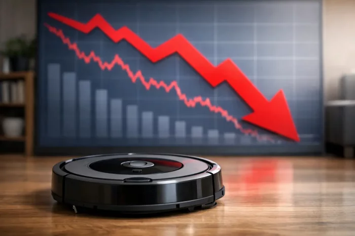Robot aspirapolvere Roomba in primo piano con grafico economico in calo e freccia rossa verso il basso