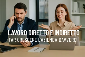 Confronto visivo tra lavoro diretto, rappresentato da un uomo stressato al telefono, e lavoro indiretto, rappresentato da una donna serena che pianifica al computer.