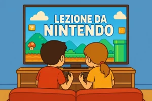 Due bambini seduti su un divano, di schiena, mentre giocano davanti a una TV che mostra un videogioco in stile cartoon con il titolo “Lezione da Nintendo”.