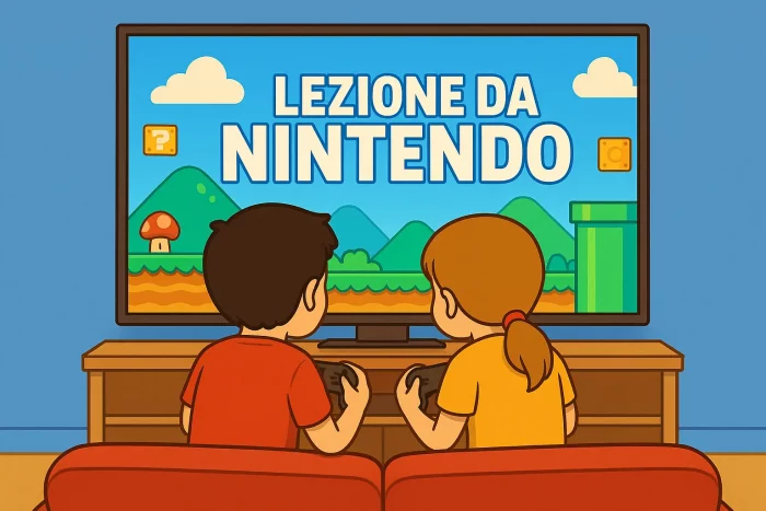 Due bambini seduti su un divano, di schiena, mentre giocano davanti a una TV che mostra un videogioco in stile cartoon con il titolo “Lezione da Nintendo”.