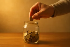 Mano che appoggia una moneta dentro un vaso trasparente illuminato da luce calda, simbolo delle difficoltà nel risparmiare in Italia.