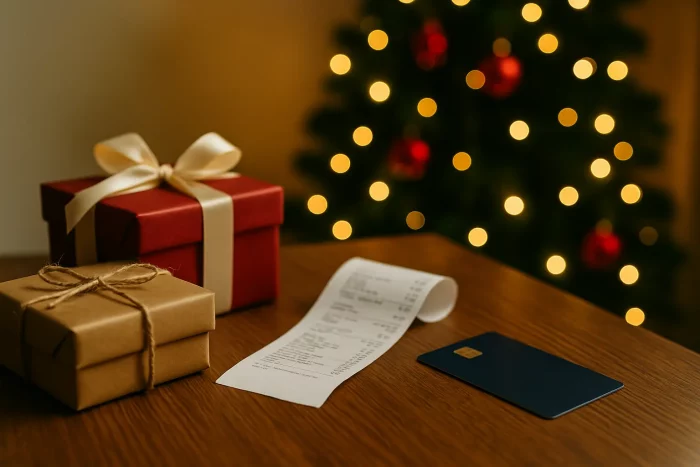 Tavolo con regali di Natale, ricevuta e carta di pagamento in primo piano, con albero di Natale illuminato sullo sfondo, simbolo delle spese natalizie e delle scelte economiche.