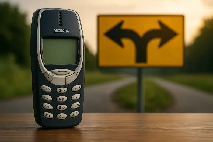 Nokia 3310 posato su un tavolo con un cartello di bivio sullo sfondo, simbolo della necessità di scegliere e cambiare.