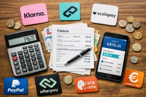 Smartphone con app bancaria aperta, calcolatrice e conti da pagare circondati da loghi di servizi di pagamento a rate