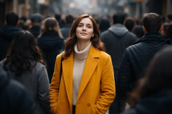 Persona serena vestita di colore acceso in mezzo a una folla scura, simbolo di autenticità e indipendenza dal giudizio altrui