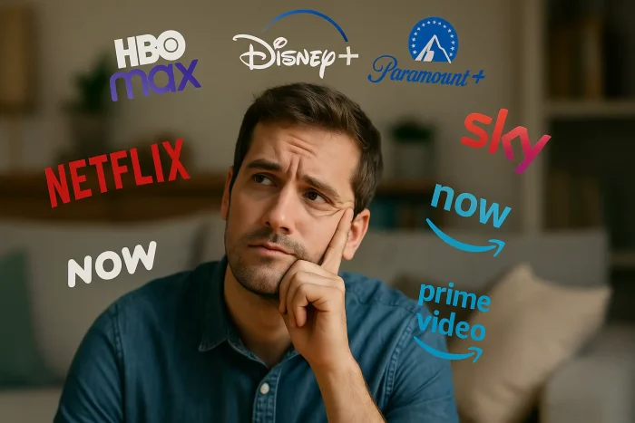 Persona pensierosa circondata dai loghi delle piattaforme streaming come Netflix, Disney+, Prime Video, Sky, NOW, Paramount+ e HBO Max, simbolo della difficoltà di scegliere e gestire i costi.