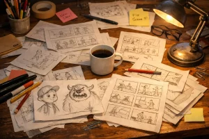 Scrivania creativa disordinata con schizzi a matita, fogli di storyboard, matite, post-it e tazza di caffè illuminati da luce calda