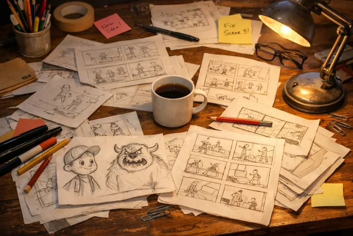 Scrivania creativa disordinata con schizzi a matita, fogli di storyboard, matite, post-it e tazza di caffè illuminati da luce calda