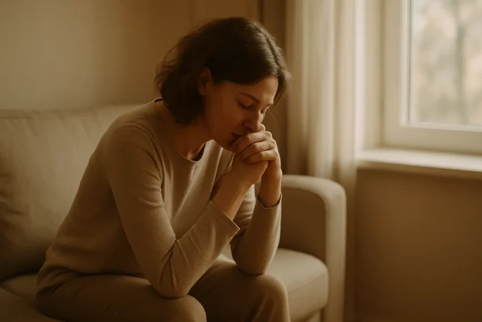 Persona seduta su un divano con postura stanca e pensierosa, simbolo dei segnali di burnout emotivo e della necessità di riconoscerli in tempo.