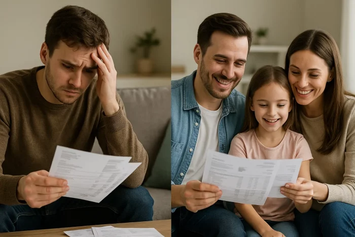 Confronto tra un single preoccupato con bollette e una famiglia serena con le stesse spese, simbolo della differenza nel costo della vita in Italia