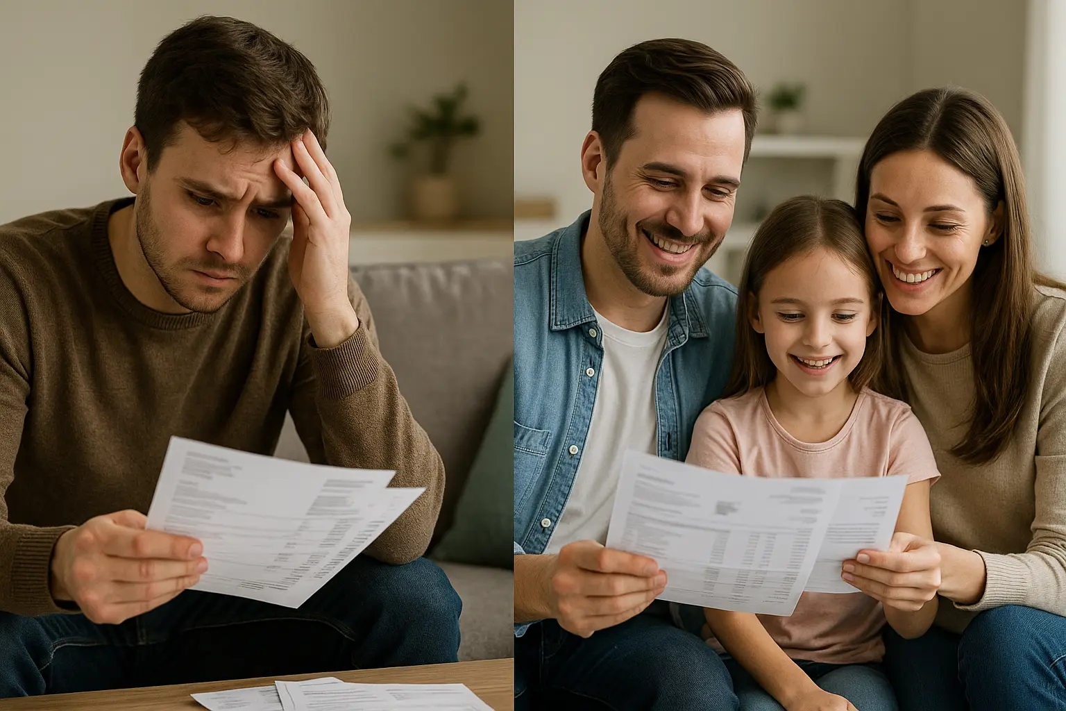 Confronto tra un single preoccupato con bollette e una famiglia serena con le stesse spese, simbolo della differenza nel costo della vita in Italia